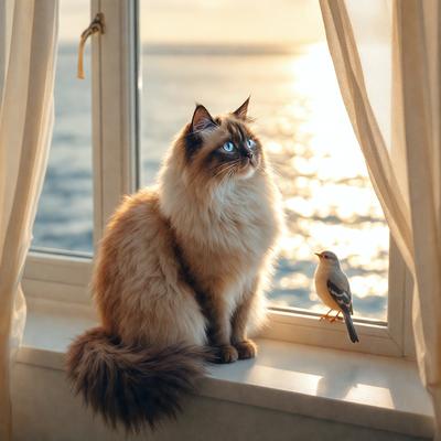 The primary subject of the image is a cat sitting on a window sill, looking out at the ocean. The setting is a window with a view of the water, creating a serene and peaceful atmosphere. The visual style is a photo, capturing the cat and its surroundings in a realistic manner. The colors in the image are predominantly shades of blue and gray, reflecting the ocean and the overall mood of the scene.